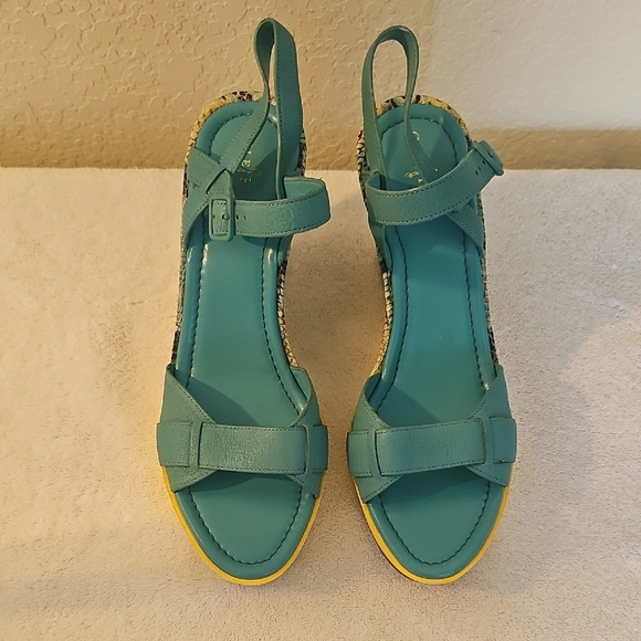 Cole Haan Nike Air Teal and Yellow  Sandals 9B Turquoise & Yellow Snake Wedge - Picture 7 of 16